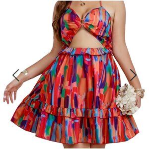 Women's Plus Painting Print Cut Out Halter Neck Metal  Ring Decor Cami Sumer 4xl